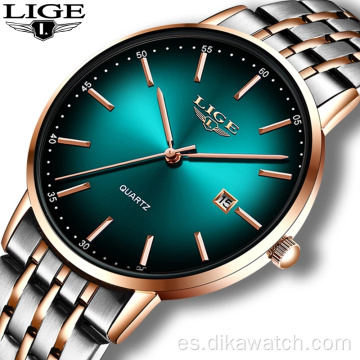 Unisex LIGE 10037 relojes de lujo para mujer a prueba de agua con correa de acero de oro rosa, relojes de pulsera de marca superior, reloj de cuarzo para hombre